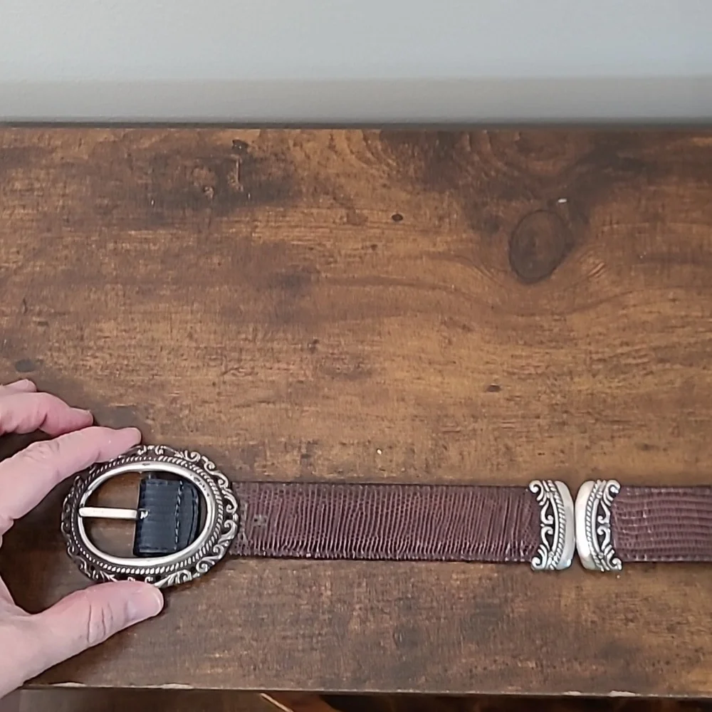 Brighton Brown & Black Reversible Embossed Leather Belt with Silver Buckle (M)